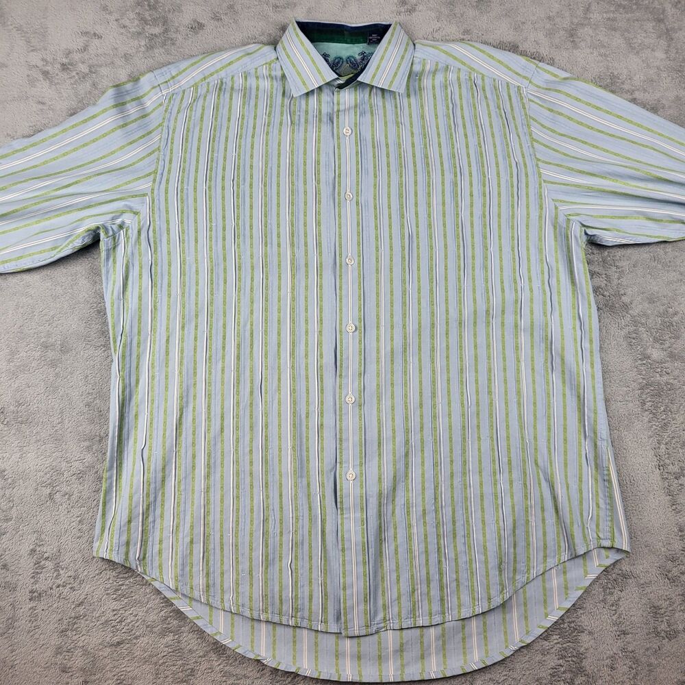 Robert Graham Shirt Mens Large Button Art Flip Cuff Blue Green Striped Silk Trim
